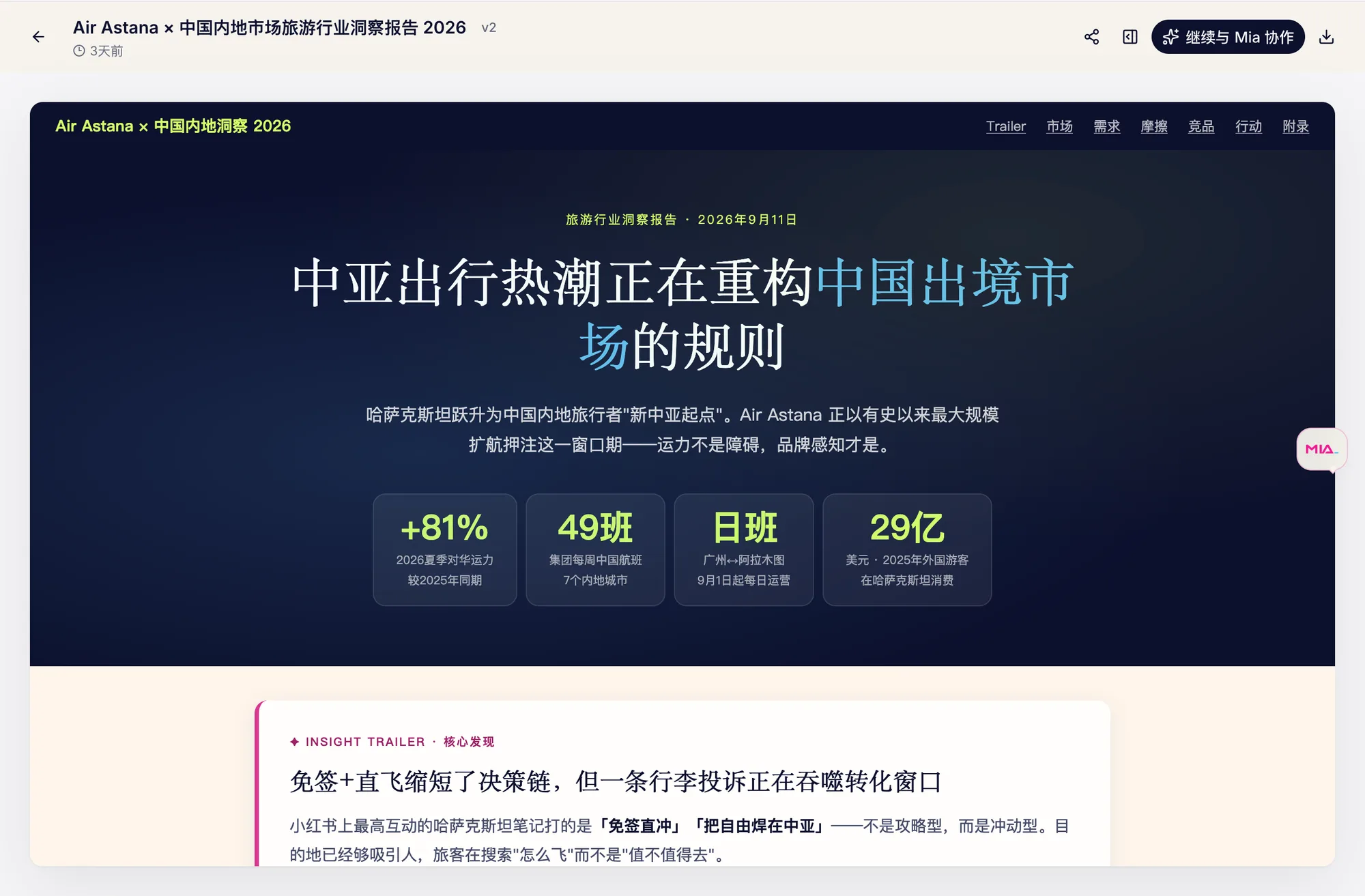 MIA tourism insights report for Air Astana in Chinese.