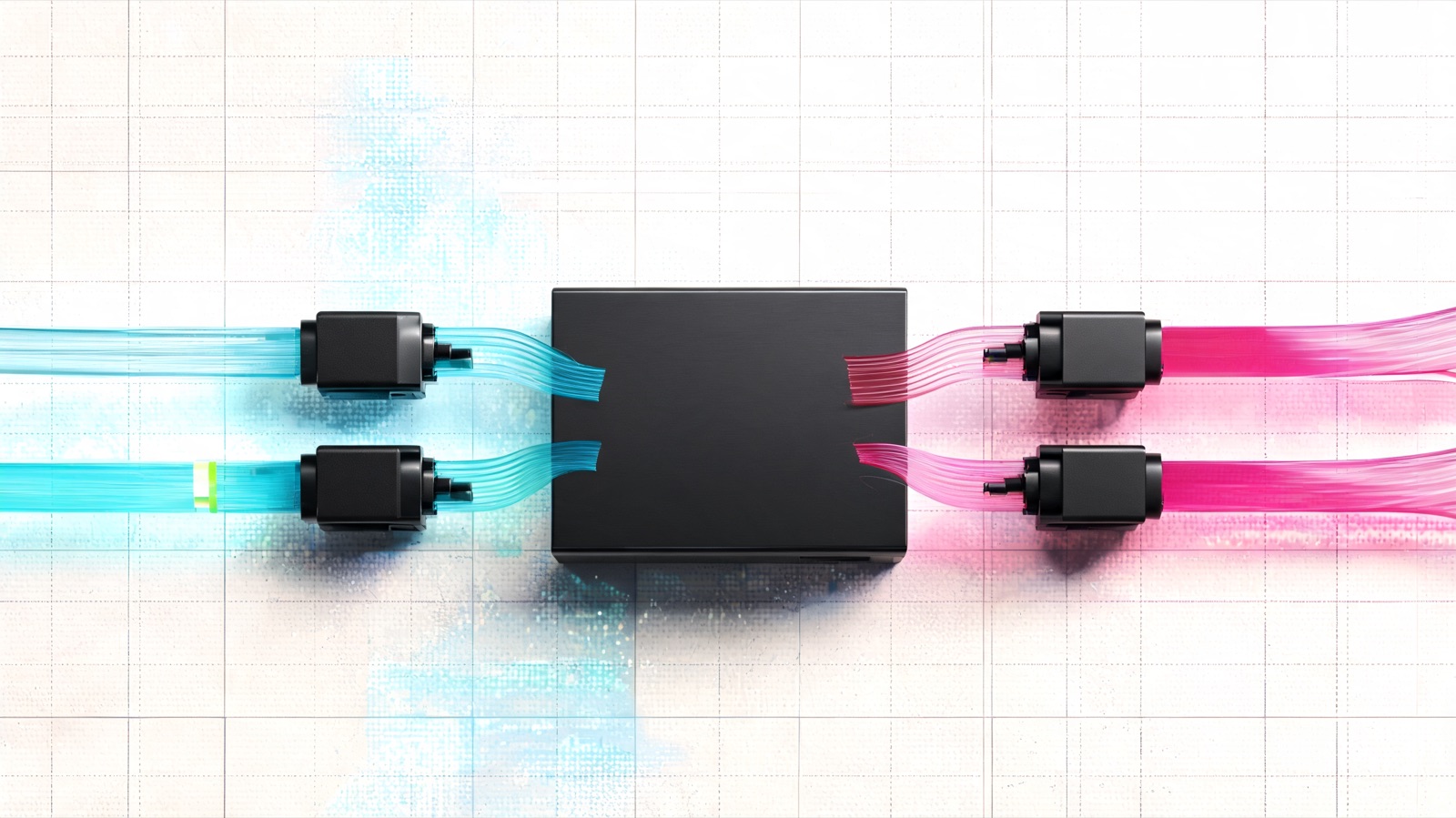 A black routing block on grid paper. Cyan ribbons run into it from the left through two connector modules, magenta ribbons run out to the right through two more, and one small lime marker sits on an incoming ribbon.