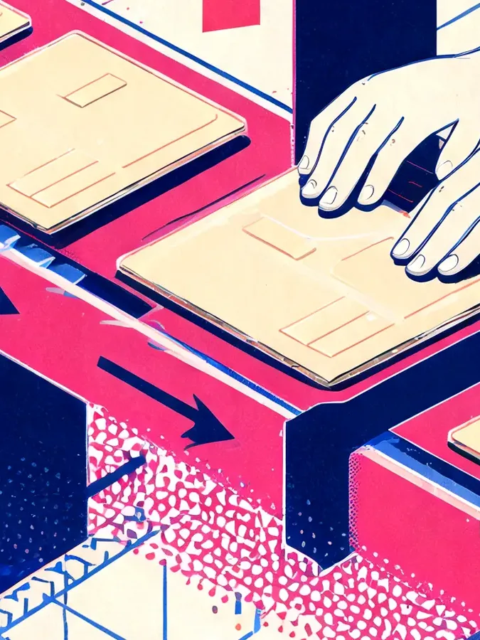 A hand slides a cream document folder along a magenta conveyor belt, past a dark navy gate wall standing across the belt. Navy arrows mark the direction of travel and a second folder waits behind it, on cream paper with magenta halftone.