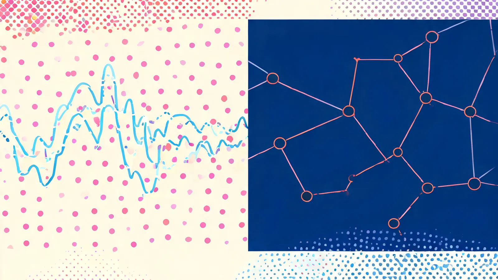 Abstract editorial illustration: a cream field of magenta dots crossed by two cyan signal traces, beside a deep navy panel holding a coral network of linked nodes.